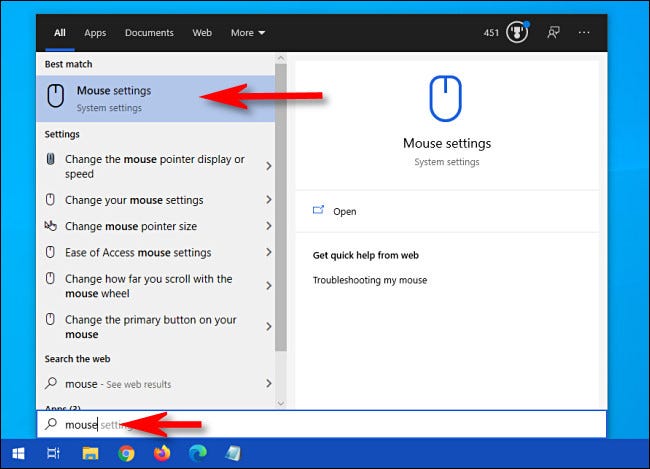 Clique no menu Iniciar e digite “Mouse” e selecione “Configurações do mouse”.