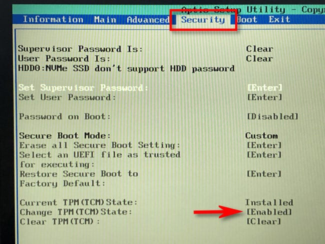 In your UEFI's "Security" menu, look for "TPM" and "Enabled."