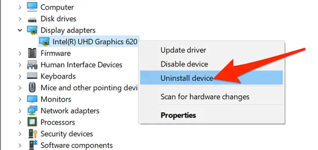 Menu de clique com o botão direito do mouse para o adaptador de vídeo