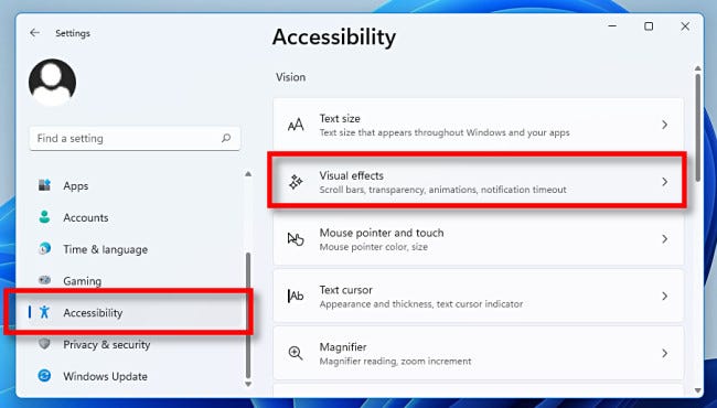 In Settings, click "Accessibility," then "Visual Effects."
