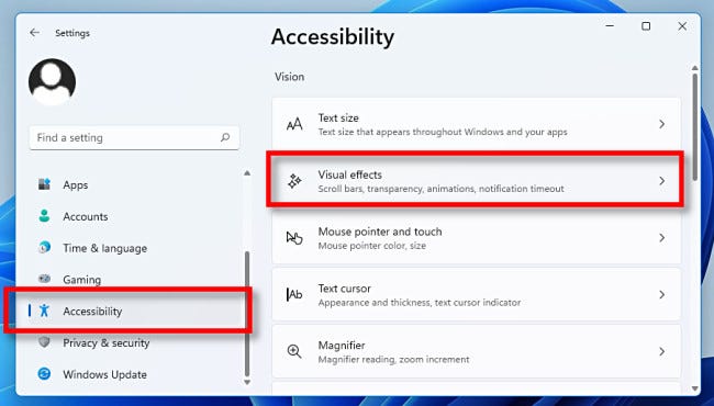 Em Configurações, clique em "Acessibilidade" e depois em "Efeitos visuais".