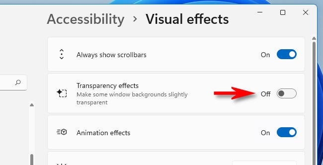 Schakel in Windows 11-instellingen "Transparantie-effecten" naar "Uit".