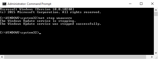 Zatrzymaj usługę aktualizacji systemu Windows w wierszu polecenia. 