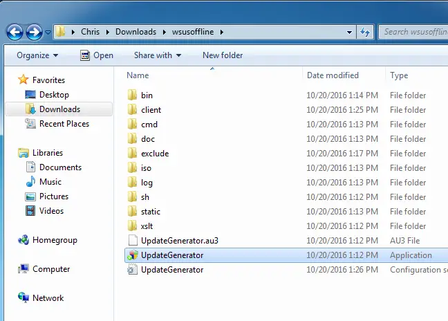 Extrageți WSUS Offline, apoi faceți dublu clic pe „UpdateGenerator”. 
