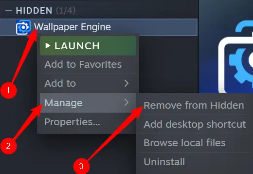 Kliknij ukrytą grę prawym przyciskiem myszy, najedź na „Zarządzaj”, a następnie kliknij „Usuń z ukrytych”.