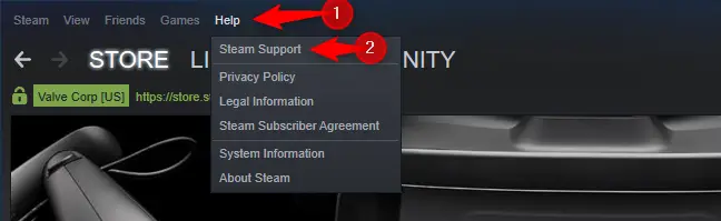 Opción Steam Support en el menú Ayuda