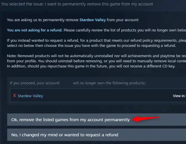 Confirmation for removal of a Steam game