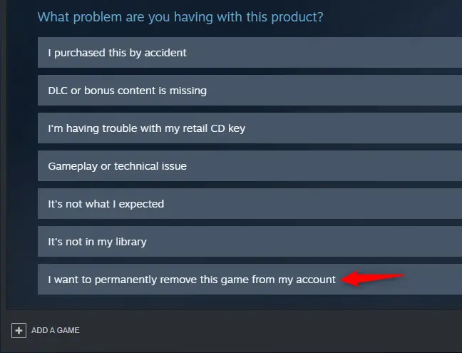 Option pour supprimer définitivement un jeu d'un compte Steam