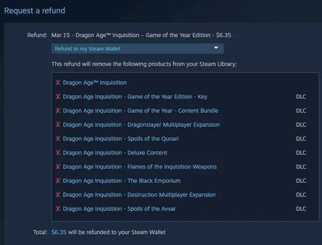 Steam will display the details of your refund. 