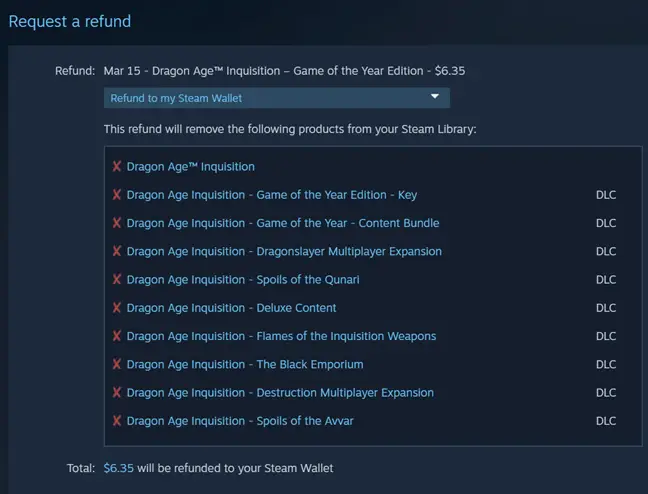 Steamは払い戻しの詳細を表示します。 