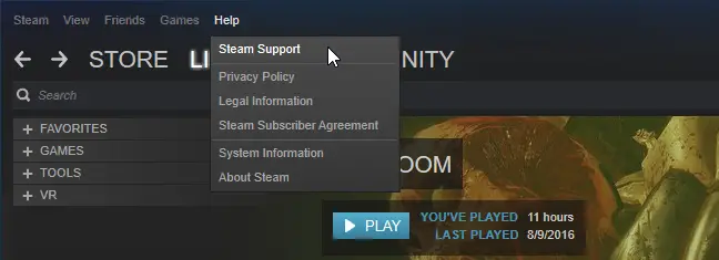 Click Help > Steam Support.