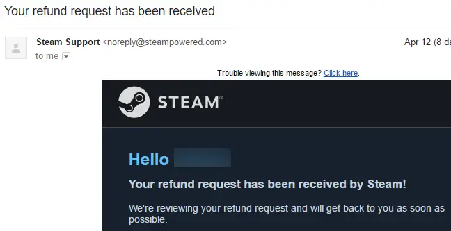 Un'e-mail "La tua richiesta di rimborso è stata ricevuta" dall'assistenza di Steam.