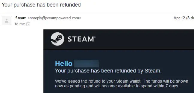 Une confirmation de remboursement de Steam.