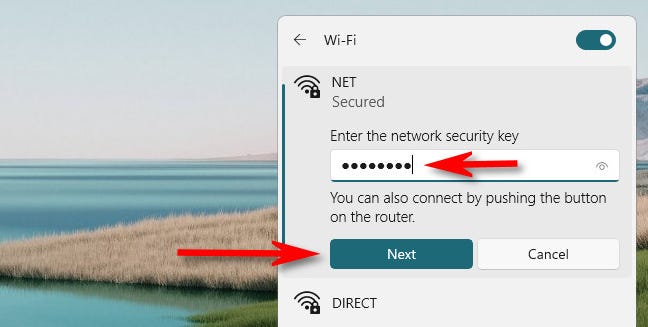 Introduceți parola Wi-Fi și faceți clic pe „Următorul”.