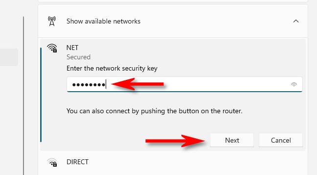 Wprowadź hasło sieci Wi-Fi, a następnie kliknij „Dalej”.