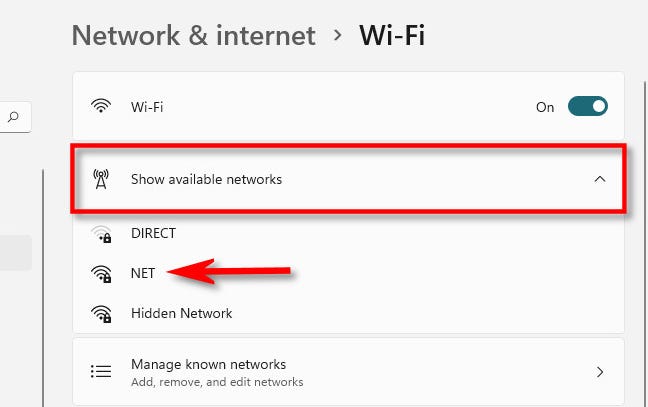 Expand "Show Available Networks," then click the network name.