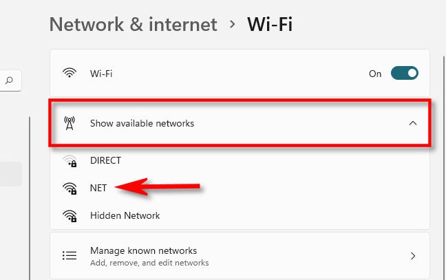 Extindeți „Afișați rețelele disponibile”, apoi faceți clic pe numele rețelei.