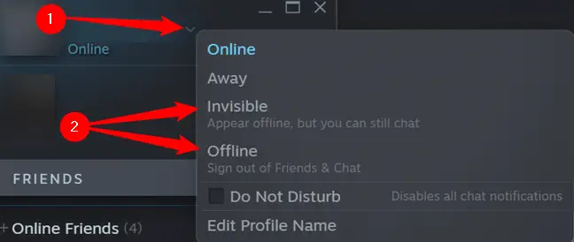 Click the chevron (arrow without a tail), then click "Offline" or "Invisible." 