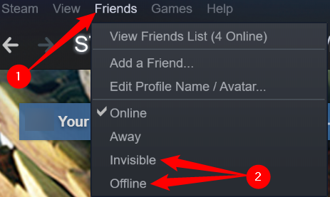 Click "Friends", then select "Invisible" or "Offline."
