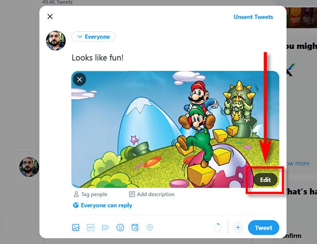 In Twitter, click "Edit" on the corner of the image thumbnail.