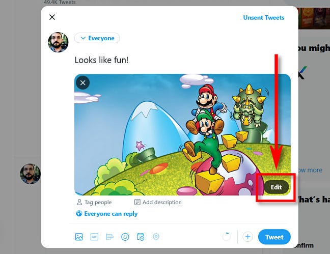 În Twitter, faceți clic pe „Editați” în colțul miniaturii imaginii.
