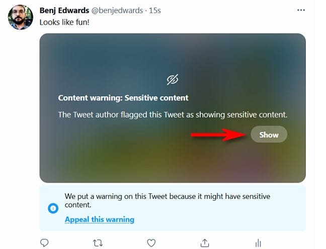 Click "Show" to see sensitive content on Twitter.