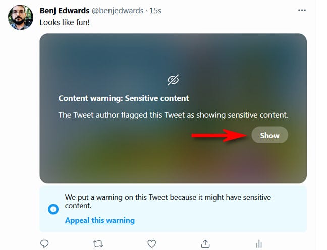 Haga clic en "Mostrar" para ver contenido sensible en Twitter.