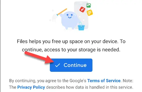 Tap "Continue" to agree to Google's terms and privacy policy.