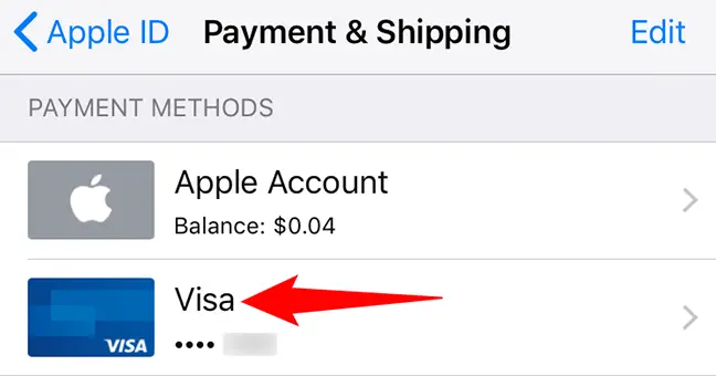 Tap the payment method to remove.