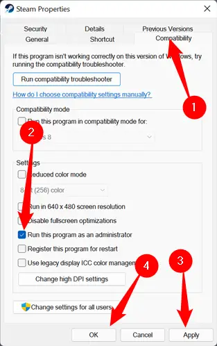 Select the "Compatibility" tab, tick "Run as Administrator," then click "Apply" and "Okay."