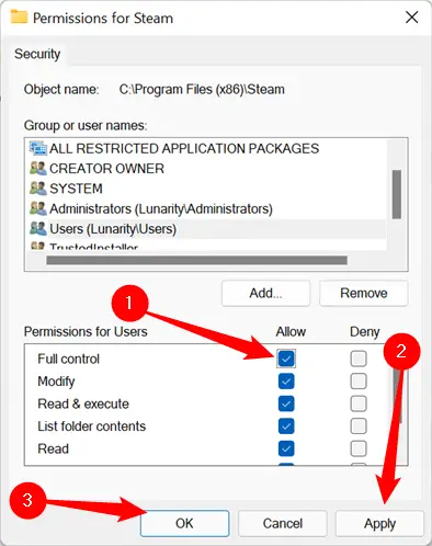 Tick "Full Control," click "Apply," and then click "OK" to close the Window.