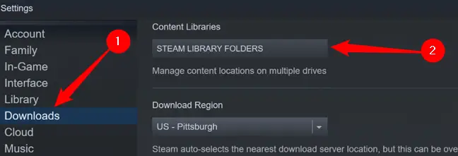 Clique em "Downloads" no lado esquerdo e clique em "Pastas da Biblioteca Steam".