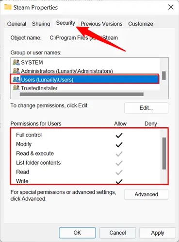 Clique na guia "Segurança", localize e selecione seu usuário na lista e verifique as permissões. 