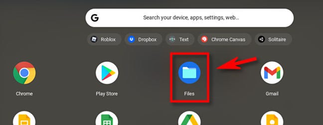 No iniciador de aplicativos do Chrome OS, clique em "Arquivos".