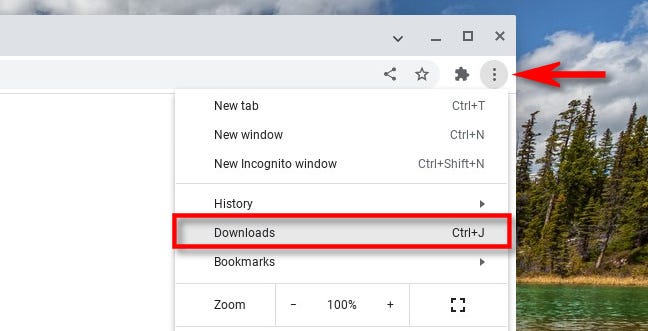 In Chrome on Chromebook, click the three-dots menu button and select "Downloads."
