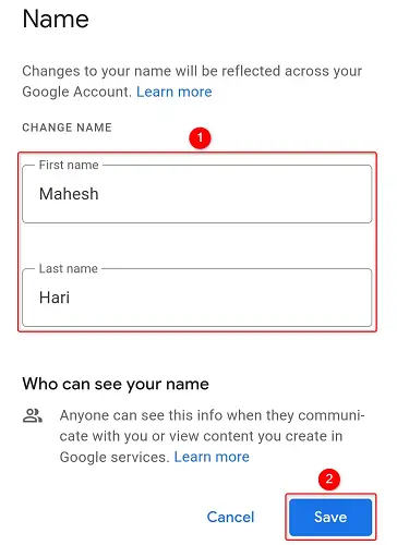 Change the Google account name on Android.