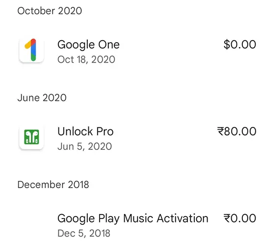 Purchase history on Google Play on Android.