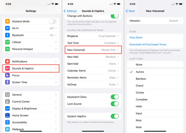 Sons e haptics, novas opções de alerta de correio de voz