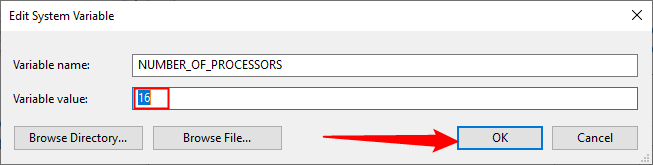 Change number of processors environmental variables, then click "OK."