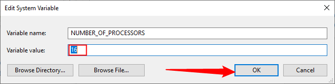 Altere o número de variáveis ambientais de processadores e clique em “OK”.