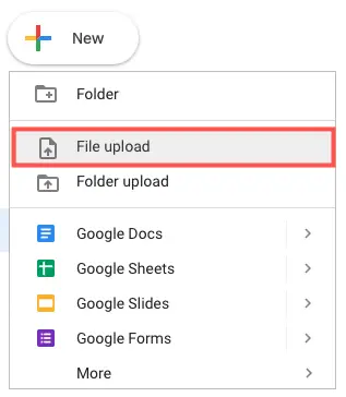 File Upload in Google Drive's menu