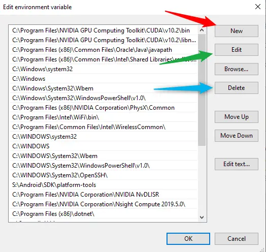 Edit Paths, pointing to options "New," "Edit," and "Delete."