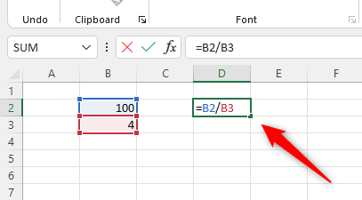 Enter the formula to receive the quotient of multiple cells.