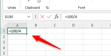 Enter the numbers you want to divide in the single cell.