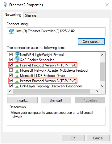 IPv4 și IPv6 indicate în listă. 