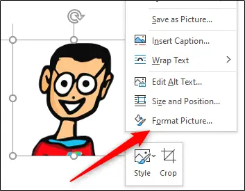 Opzione Formato immagine nel menu di scelta rapida dell'immagine