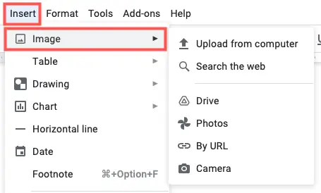 Click Insert, Image in Google Docs