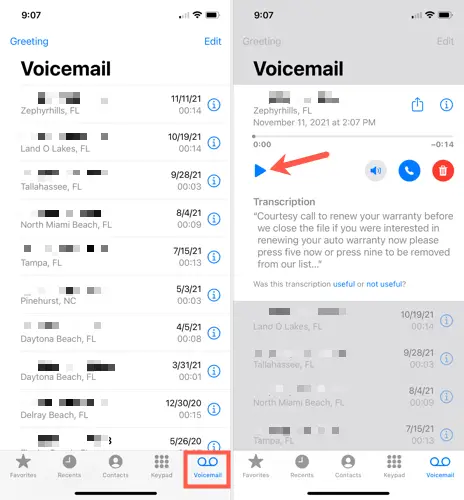 Mensagens de correio de voz no iPhone