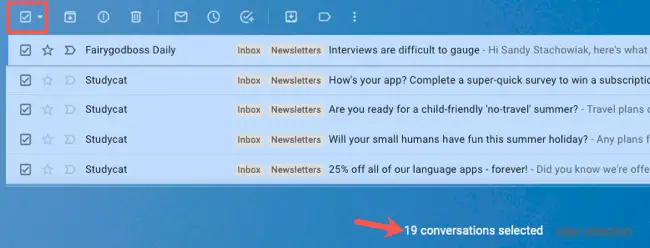 Todos los correos electrónicos seleccionados en Gmail