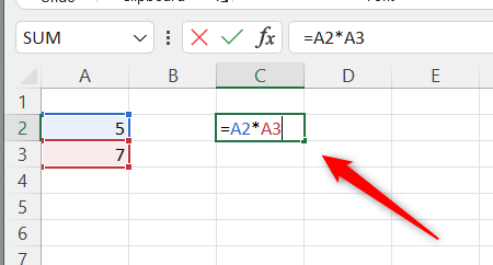 The formula to multiply numbers from different cells.